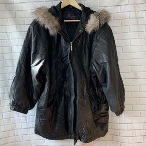 Signature Donna Pelle Leather Parka Fur Trim